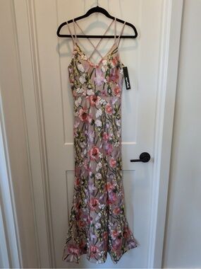 Sequin Hearts Floral Embroidered Pink and Green Maxi Dress